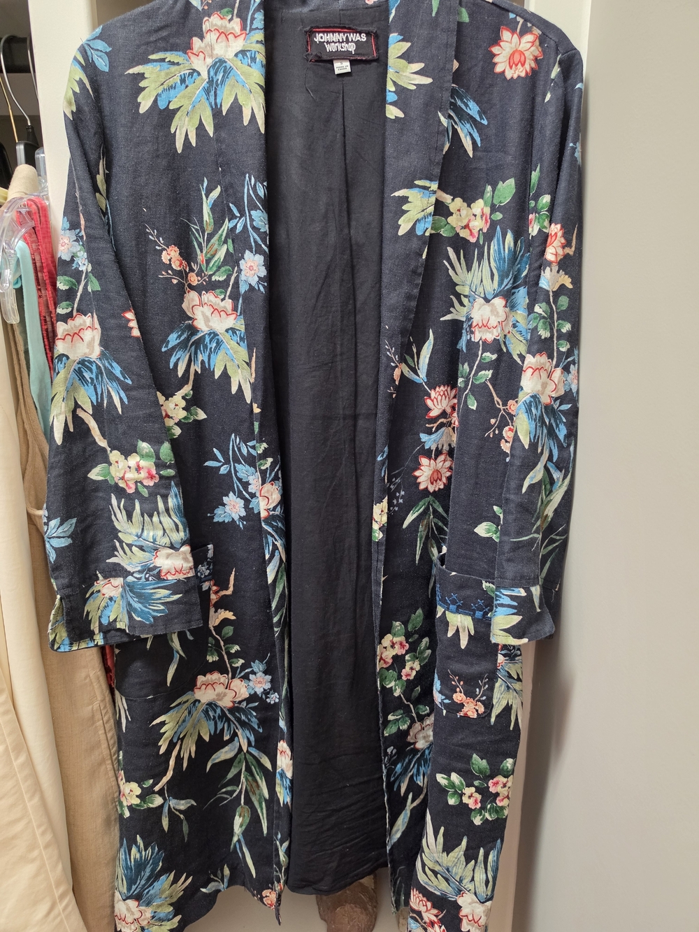 Johnny Was Black Floral Open-Front Long Jacket